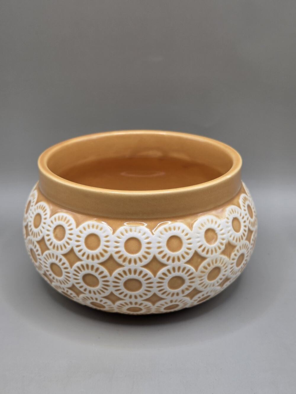 Vtg MCM 4.5" Ceramic Flower Pot Peach Orange White Geometric Daisy Planter Bowl